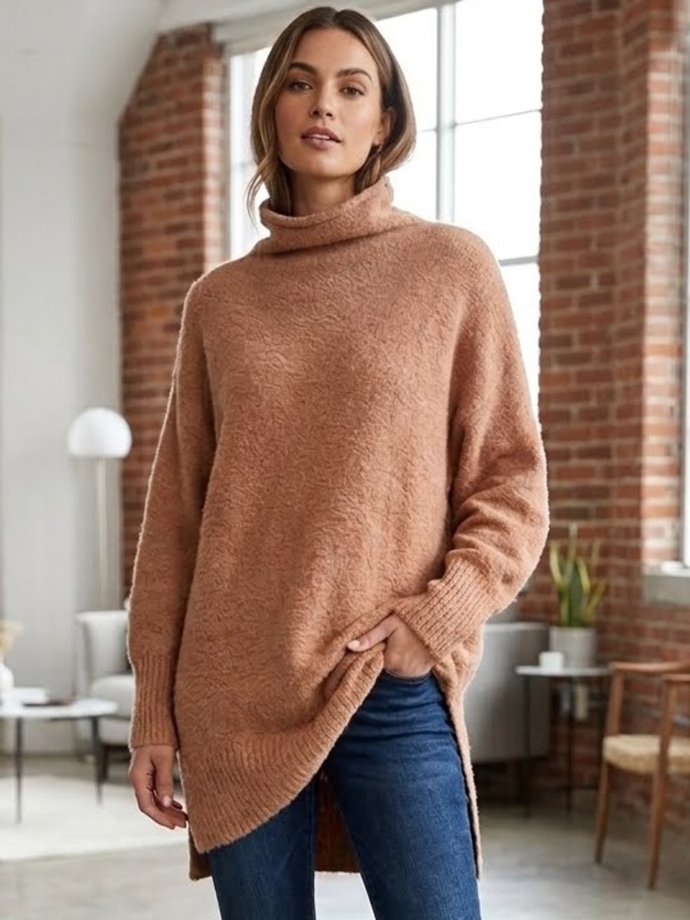 NWT Melissa Nepton Vivian Oversized Tunic Sweater Jumper Mock Neck Size M Camel